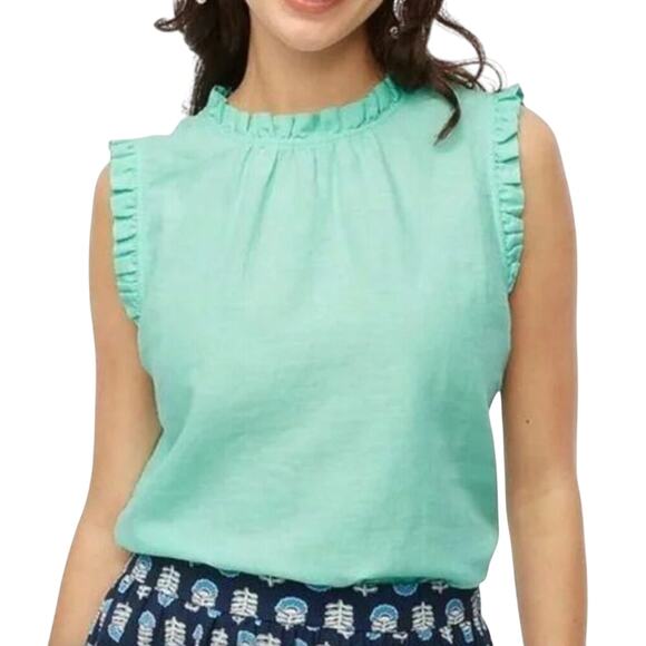 J.Crew Linen Ruffle Neck Sleeveless Blouse XS Sunwashed Mint Green NWT - Picture 1 of 5